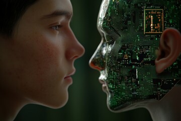 Canvas Print - Side profile of a human face with exposed circuitry symbolizing the convergence of human cognition and artificial intelligence through neural integration