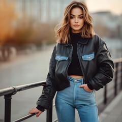 portrait of a brunette girl model in autumn city posing in black jacket; urban background; copy space