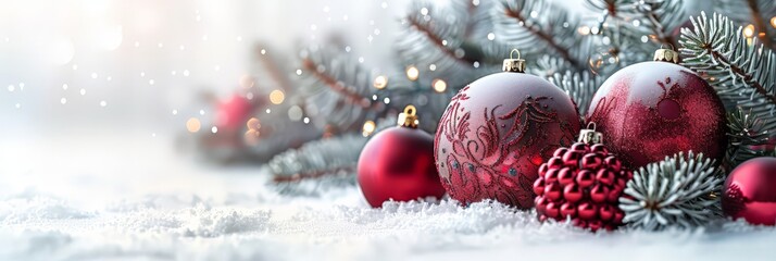 Poster - Red christmas ornaments and fir branches with snow on a soft white background, perfect for festive holiday season designs.