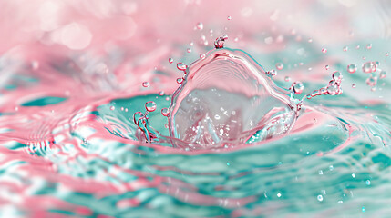 Poster - Water drops fall into the water, forming splashes and ripples. The ripples are pink and green.