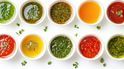 Bowls filled with multiple types of sauces viewed from the top, spread out on a clean white background.