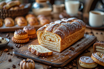 Wall Mural - A table with a variety of pastries and coffee cups. Scene is cozy and inviting, with the pastries and coffee cups arranged in a way that makes them look delicious and ready to be enjoyed