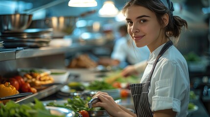 Poster - Woman chef working in kitchen restaurant. Generative AI.