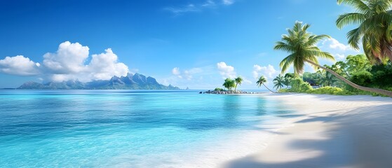 A serene tropical beach with clear blue water, soft sand, and palm trees against a bright blue sky, perfect for relaxation.