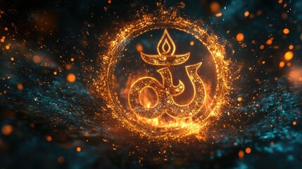 Poster - Sacred symbols of Hinduism rendered digitally, with space for copy on technology beliefs.