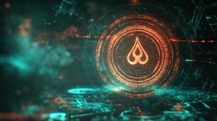 Poster - Sacred symbols of Hinduism rendered digitally, with space for copy on technology beliefs.