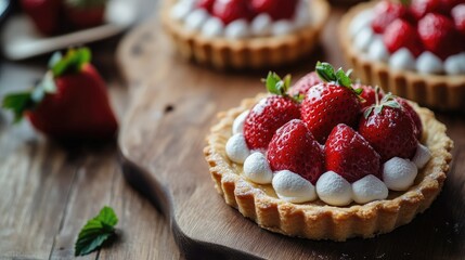 Delicious strawberry shortcake pies on a wooden table, natural light shining on the dessert, embodying the freshness of summer.