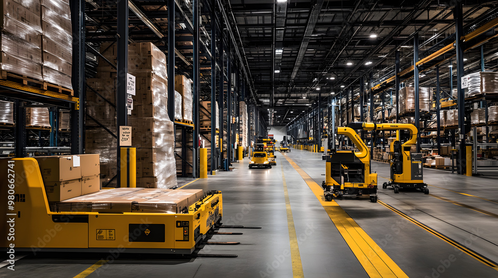 Automated Guided Vehicles AGVs in a Modern Warehouse Stock Illustration ...