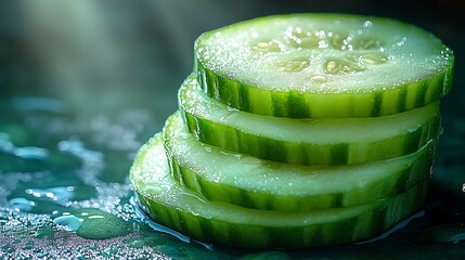 Wall Mural - Close-up of fresh, green cucumber slices stacked on a wet surface.