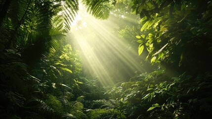 Poster - A serene view of a lush green rainforest, filled with thick foliage and sunlight breaking through, perfect for a nature-inspired background.