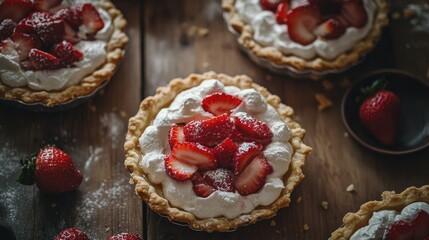 Wall Mural - Freshly baked strawberry shortcake pies resting on a provincial wooden table, with a close-up of the rich, natural dessert.