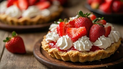 Wall Mural - Freshly baked strawberry shortcake pies resting on a provincial wooden table, with a close-up of the rich, natural dessert.