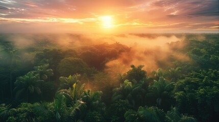 Poster - Sunrise over jungle. Generative AI.