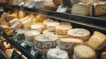 Wall Mural - A display of artisanal cheeses in a gourmet shop.