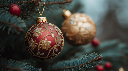 Traditional Christmas tree with red ball ornament with glowing colorful lights and snow in background