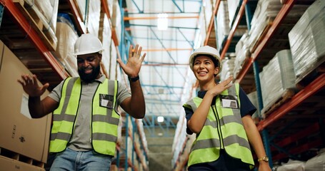 Canvas Print - Woman, man and logistics in warehouse with dancing for quality control, stock management or delivery. Happy people, factory and worker with smile, fun and freight for supply chain or shipping company