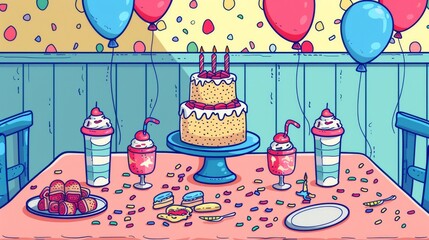 Wall Mural - Cartoon vector A whimsical birthday party setup with a table covered in treats, balloons tied to chairs, and a big birthday cake as the centerpiece