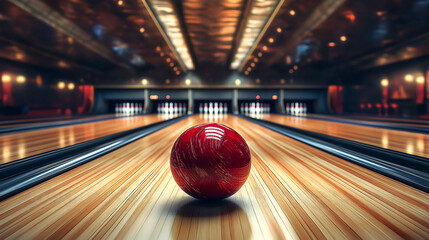 Bowling balls hitting the pins on wooden lane, Bowling action