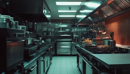 Restaurant kitchen interior. Commercial hotel industry furniture for food preparation and serving