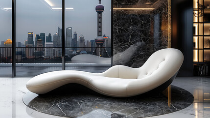 Wall Mural - A white and black lounge sofa with an organic shape is placed in the center of the room on top of large round marble tiles. Generative AI.