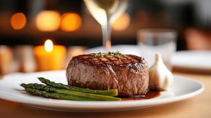 Juicy, gourmet filet mignon topped with tangy balsamic reduction, served with fresh asparagus and roasted garlic, juicy food, luxury dining, bold flavors