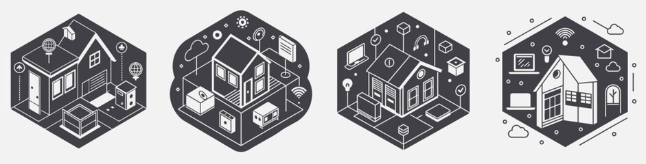 smart home design isometric house technology, home automation security connectivity themed template collection