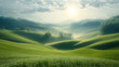 © visoot - Rolling green hills, vast green meadows, Lush green land bathed in sunlight,Trees on hills, trees glowing under sunlight. Generative AI.