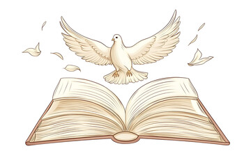 Wall Mural - the biblical story of a white dove hovering over an open book, symbolizing peace, knowledge and freedom in a minimalistic design.
