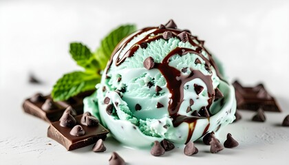 Wall Mural - melting mint chocolate chip ice cream against a simple white backdrop