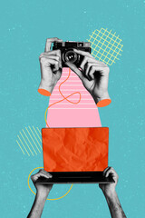 Poster - Vertical poster collage laptop digital device computer camera shooting paparazzi lens objective screen display drawing background