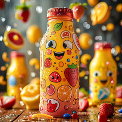 Wall Mural - A row of colorful juice bottles with fruit designs on them. The bottles are arranged in a row on a yellow background