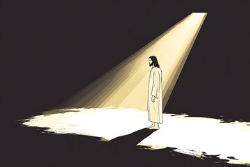 Illustration of Jesus Christ standing with hands folded, bathed in radiant divine light, symbolizing holiness, faith, and spirituality.
