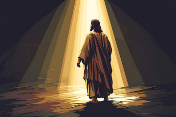 Illustration of Jesus Christ standing with hands folded, bathed in radiant divine light, symbolizing holiness, faith, and spirituality.
