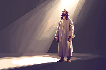 Illustration of Jesus Christ standing with hands folded, bathed in radiant divine light, symbolizing holiness, faith, and spirituality.
