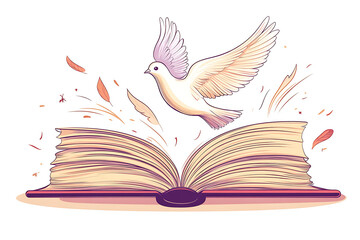 Wall Mural - the biblical story of a white dove hovering over an open book, symbolizing peace, knowledge and freedom in a minimalistic design.
