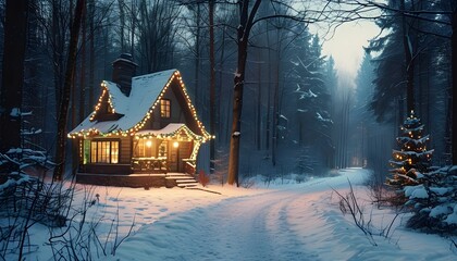 Charming winter forest pathway leading to a cozy cabin decked in festive holiday lights