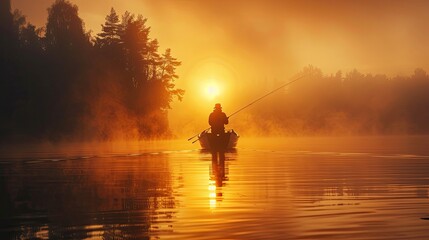 Wall Mural - Fisher fishing on foggy sunrise.