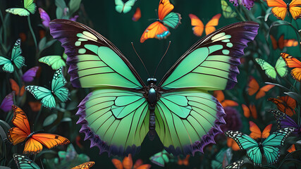 Wall Mural - Mint butterfly on the background of flowers