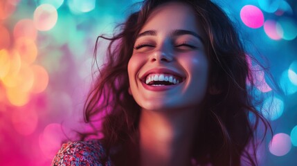 Woman laughing joyfully in colorful neon atmosphere