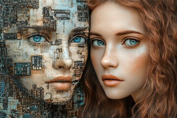 Wall Mural - Dual portraits of a man and woman with integrated circuits in their heads symbolizing the connection between human cognition and artificial intelligence through neural technologies