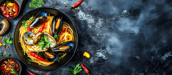 Wall Mural - A seafood meal featuring homemade pasta with spaghetti mussels chili and parsley on a stone background in a top view copy space image