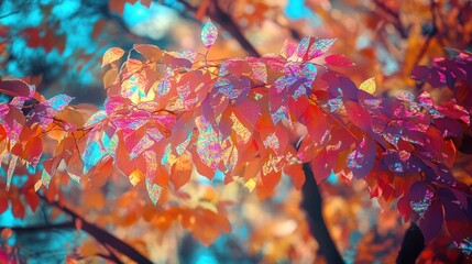 Wall Mural - Vibrant autumn leaves with colorful hues against a blurred background.