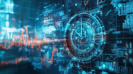 Complex multi-layered clocks for different time periods are in the foreground and a gradient blue and gray background with transparent financial charts