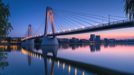 Poster - A serene view of a cable-stayed bridge illuminated at dusk, reflecting in calm waters.