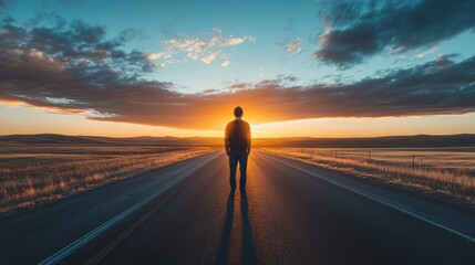 Wall Mural - A person stands on a road at sunset, symbolizing reflection and journey.