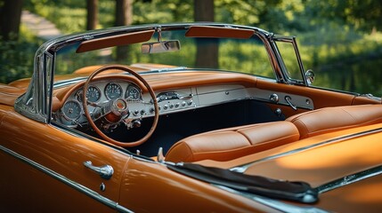 A vintage convertible car interior showcasing orange leather and classic design elements.