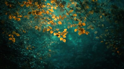 A tranquil forest scene with softly illuminated leaves in shades of green and gold.