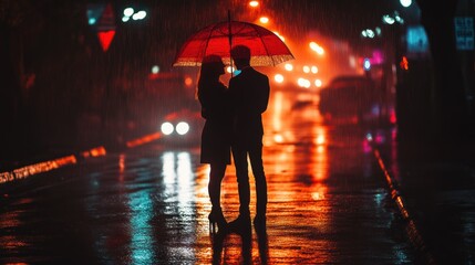 Wall Mural - A couple sharing an umbrella in the rain, illuminated by city lights.