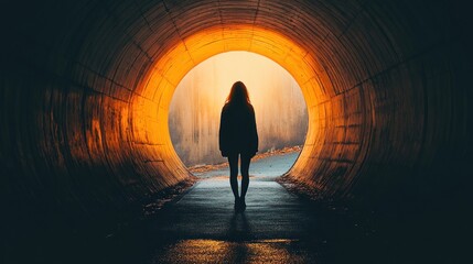 Wall Mural - A silhouette of a person walking through a tunnel illuminated by warm light.