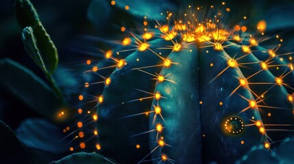 A close-up of a glowing cactus with illuminated spines in a dark environment.